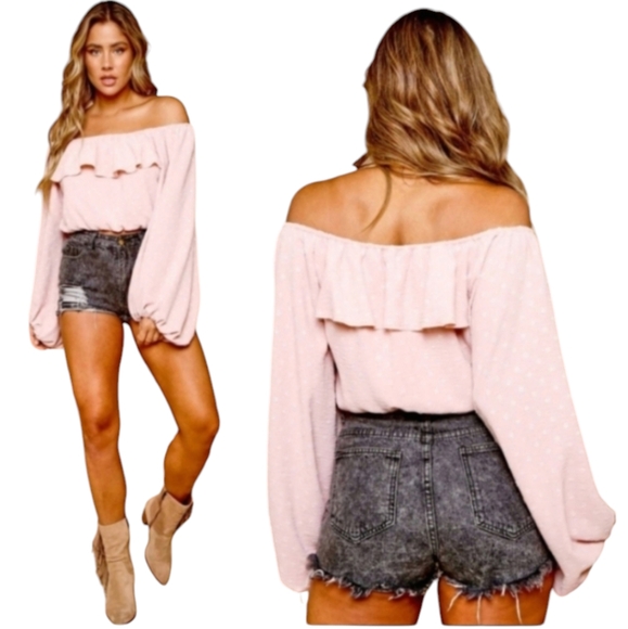 Off Shoulder Puff Sleeve Blouse pink✨️ - Picture 2 of 4